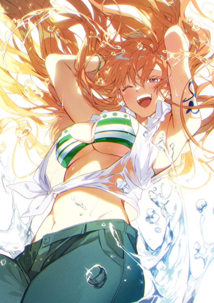 1girl ;d arm_tattoo arms_up backlighting bikini bikini_top_only blush bracelet breasts cleavage commentary cowboy_shot earrings floating_hair glint green_bikini green_pants hair_between_eyes highres jewelry large_breasts long_hair looking_at_viewer nami_(one_piece) navel oboro_keisuke one_eye_closed one_piece open_clothes open_mouth open_shirt orange_eyes orange_hair pants see-through shirt simple_background sleeveless sleeveless_shirt smile solo splashing standing stomach swimsuit tattoo teeth tied_shirt underboob upper_teeth_only water_drop wet wet_clothes wet_shirt white_background white_shirt wing_collar
