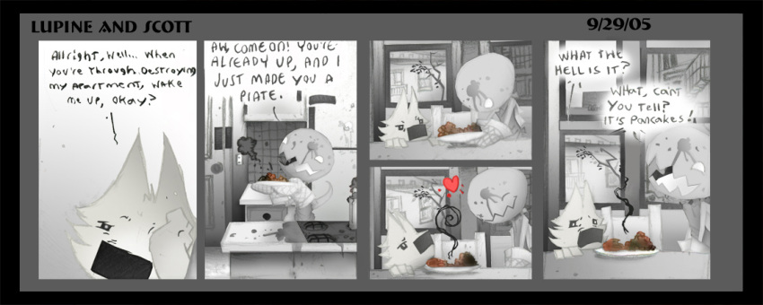 &lt;3 albert_lupine alien anthro ayato bad_cooking black_nose canid canine canis cooking dialogue duo english_text food inside kitchen male mammal monochrome pancake plate scott_(ayato) text wolf