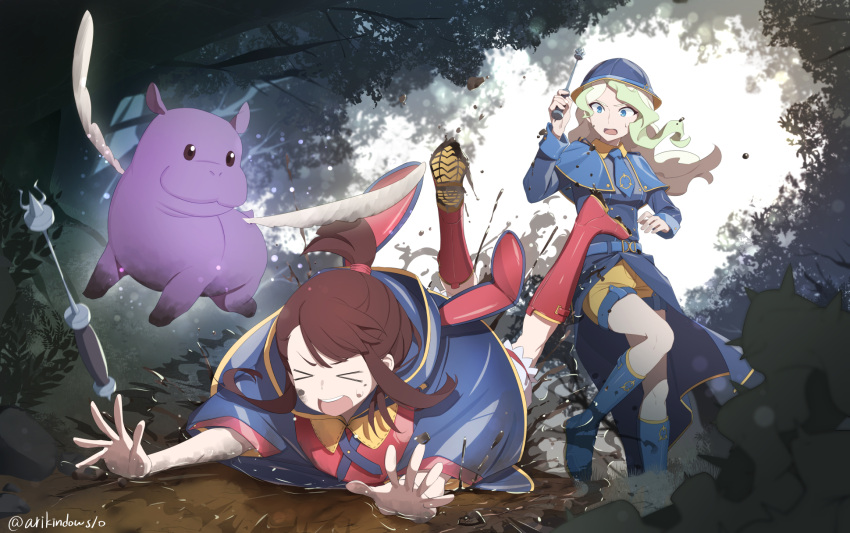 &gt;_&lt; 2girls accident animal animal_ears arikindows10 belt blonde_hair blue_belt blue_coat blue_eyes blue_footwear blue_necktie boots brown_hair bucket_hat coat commission diana_cavendish fake_animal_ears flying_animal forest full_body hat highres hippopotamus holding holding_wand hooded_coat kagari_atsuko little_witch_academia long_hair looking_at_another mud multicolored_hair multiple_girls nature necktie open_mouth rabbit_ears red_footwear short_shorts shorts signature skeb_commission streaked_hair tree tripping wand water wet white_wings wing_collar wings yellow_shorts