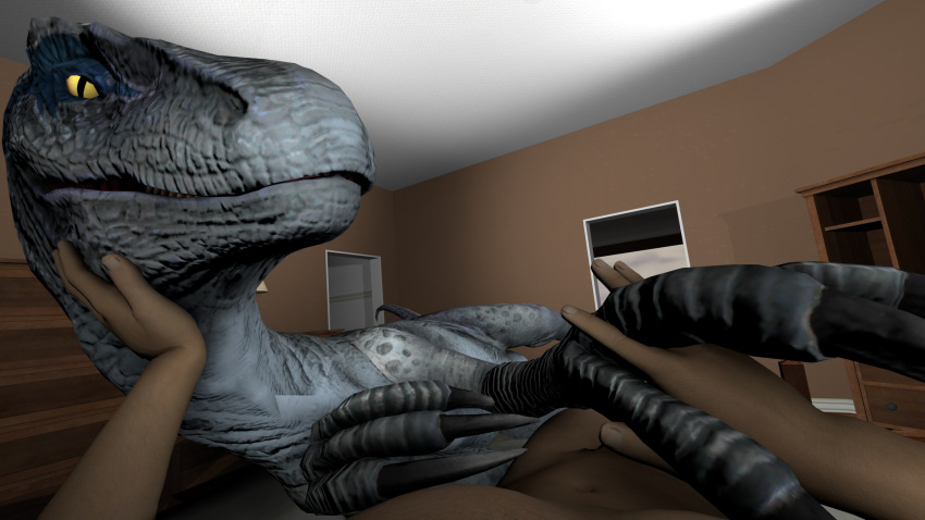16:9 3d_(artwork) ark_survival_evolved bedroom bedroom_eyes blue_(jurassic_world) claws digital_media_(artwork) dinosaur dromaeosaurid duo female feral finger_claws first_person_view furniture hand_holding hi_res holding_chin human interspecies ireallyliketanks jurassic_park jurassic_world lying male male/female male_on_feral male_pov mammal narrowed_eyes nude on_back on_side reptile scales scalie seductive theropod universal_studios utahraptor widescreen