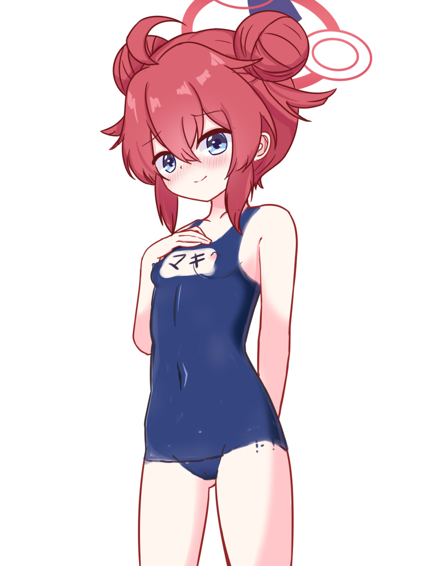 1girl blue_archive blue_eyes blue_one-piece_swimsuit bodypaint breasts chibikki double_bun hair_bun halo highres maki_(blue_archive) naked_paint navel nude one-piece_swimsuit red_hair school_swimsuit small_breasts solo swimsuit