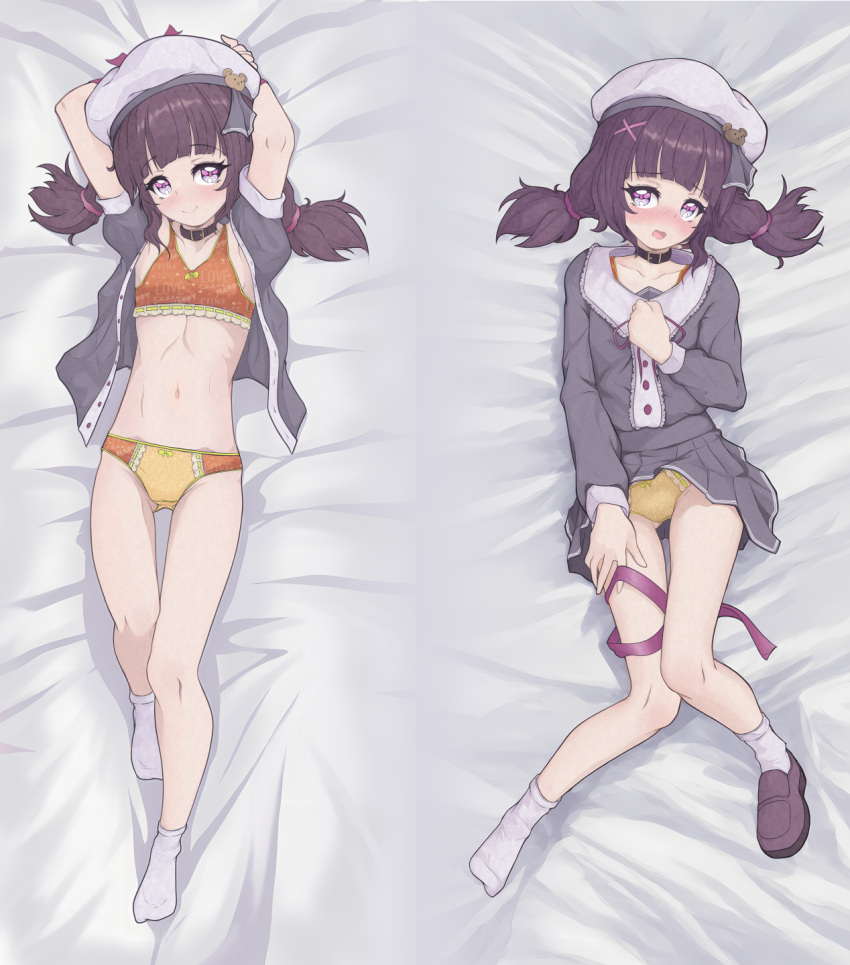 1girl arched_bangs arms_up bed_sheet belt_collar beret black_collar blunt_bangs blush bow bow_bra bow_panties bra breasts brown_footwear closed_mouth clothes_lift collar collarbone commentary dakimakura_(medium) fallenshadow full_body green_bow grey_shirt grey_skirt hair_ornament hair_tie hairclip hat highres indie_virtual_youtuber knees_together_feet_apart leg_ribbon legs long_sleeves low_twintails lying medium_hair multiple_views navel no_pants no_shoes nose_blush on_back open_mouth orange_bra orange_panties panties pettan_(zeez4743) pink_eyes purple_hair purple_ribbon ribbon shirt shoes short_sleeves single_shoe skinny skirt skirt_lift small_breasts smile socks twintails two-tone_panties underwear upskirt virtual_youtuber white_headwear white_socks x_hair_ornament yellow_panties