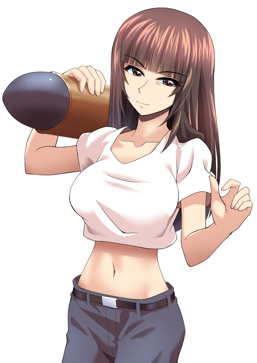 1girl belt black_belt blunt_bangs brown_eyes brown_hair casual closed_mouth commentary cowboy_shot cropped_shirt girls_und_panzer grey_pants half-closed_eyes highres holding long_hair looking_at_viewer midriff miraino_tsubasa navel nishizumi_shiho over_shoulder pants pointing pointing_at_self shirt short_sleeves simple_background smile solo standing straight_hair t-shirt tank_shell white_background