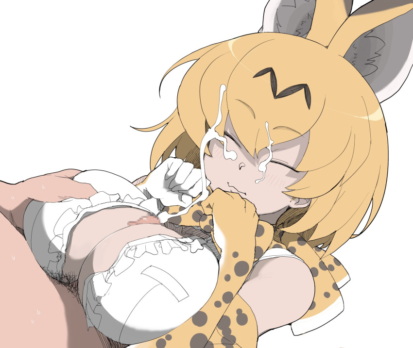1boy 1girl animal_ear_fluff animal_ears blonde_hair blush bow bowtie breast_hold breasts breasts_squeezed_together cat_ears cat_girl censored cleavage cum ejaculation extra_ears facial frilled_shirt frills gloves grabbing grabbing_another's_breast henyaan_(oreizm) highres kemono_friends large_breasts mosaic_censoring open_clothes open_shirt orange_bow orange_bowtie paizuri penis print_bow print_bowtie print_gloves serval_(kemono_friends) serval_print shirt white_shirt