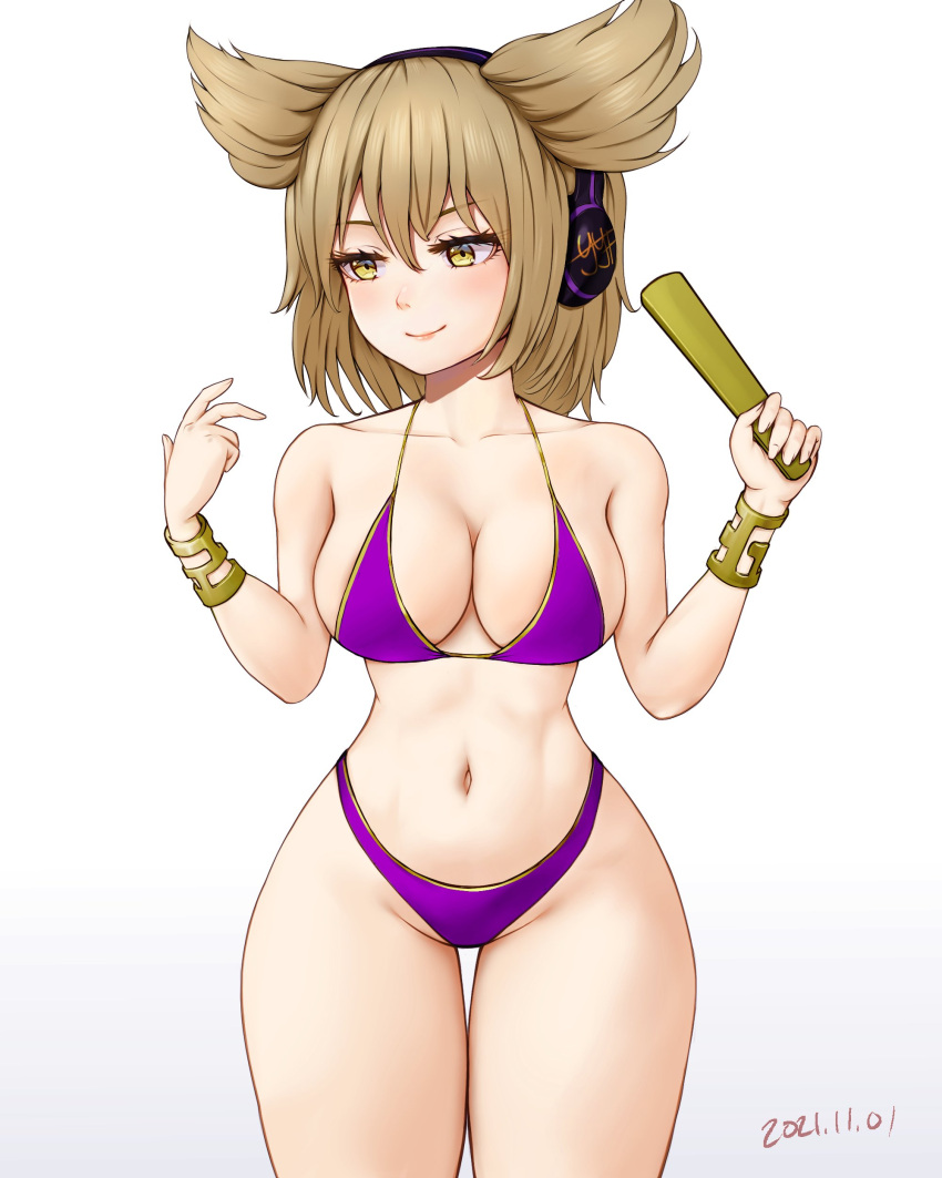 1girl absurdres bikini blush bracelet breasts brown_eyes brown_hair earmuffs hat highleg highleg_bikini highres jewelry large_breasts navel pointy_hair purple_bikini ritual_baton short_hair smile solo swimsuit tate_eboshi touhou toyosatomimi_no_miko wide_hips yyf_(seaknight)