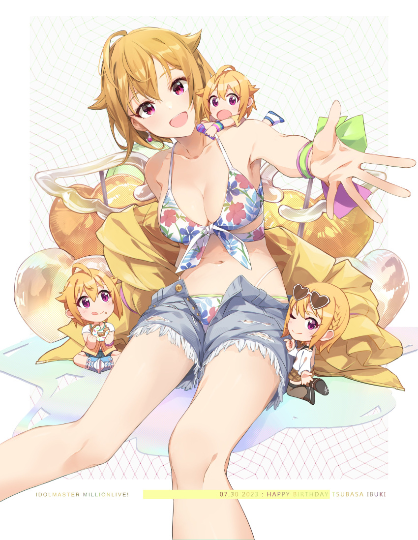 4girls absurdres ahoge bikini bikini_under_shorts blonde_hair blush breasts character_name chibi cleavage collarbone cutoffs dated denim denim_shorts doughnut eyewear_on_head fake_wings feet_out_of_frame food happy_birthday head_tilt heart heart-shaped_eyewear highres holding holding_microphone ibuki_tsubasa idolmaster idolmaster_million_live! looking_at_viewer medium_breasts microphone multiple_girls multiple_persona print_bikini reaching reaching_towards_viewer red_eyes short_shorts shorts sitting sunglasses swimsuit wings wristband yoshito