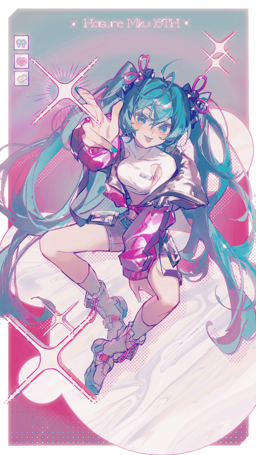 1girl :p alternate_costume anniversary aqua_hair black_bow blue_background blue_eyes blue_nails blue_ribbon border bow buttonniukoukou character_name crop_top full_body grey_jacket grey_shorts hair_bow hair_ribbon hatsune_miku heart highres jacket kneehighs light_blush long_hair long_sleeves looking_at_viewer multiple_hair_bows nail_polish open_mouth partially_unzipped pocket puffy_long_sleeves puffy_sleeves reaching red_background red_jacket red_ribbon ribbon shirt shoes shooting_star_(symbol) shorts sitting smile sneakers socks solo sparkle stomach tongue tongue_out twintails two-sided_fabric two-sided_jacket two-tone_background vocaloid white_border white_footwear white_shirt white_socks