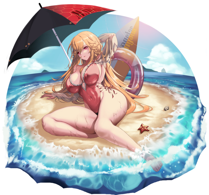 1girl azur_lane backless_swimsuit beach beach_umbrella breasts commission day frilled_one-piece_swimsuit frills hand_in_own_hair highres huge_breasts long_hair looking_at_viewer mad_kimo official_alternate_costume one-piece_swimsuit orange_hair outdoors pink_innertube pink_one-piece_swimsuit richelieu_(azur_lane) richelieu_(fleuron_of_the_waves)_(azur_lane) sand solo starfish summer swimsuit umbrella very_long_hair water