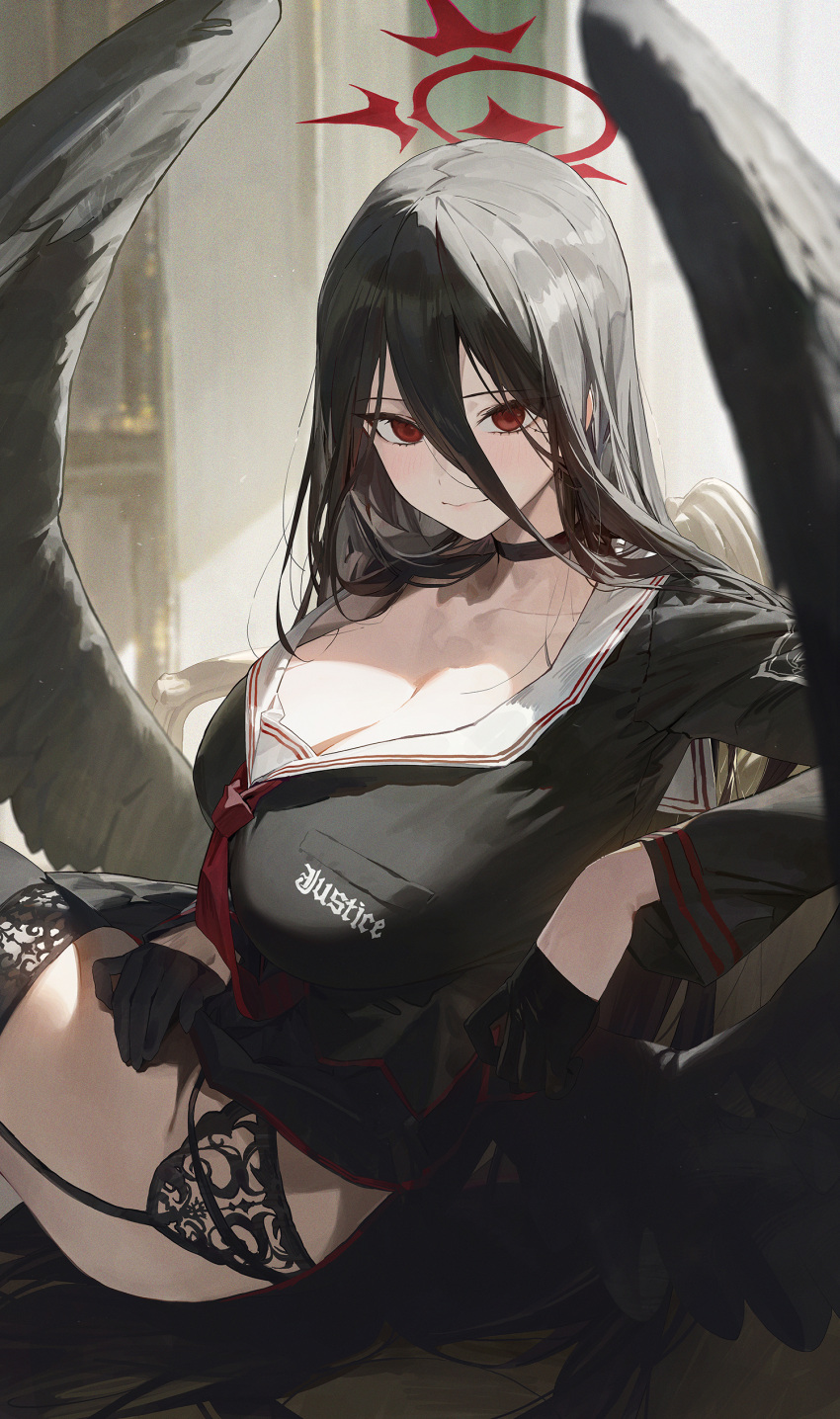1girl absurdres black_choker black_garter_belt black_gloves black_hair black_serafuku black_skirt black_thighhighs black_wings blue_archive blush breasts choker commentary feathered_wings garter_belt gloves hair_between_eyes half_gloves halo hasumi_(blue_archive) highres large_breasts long_sleeves looking_at_viewer modare neckerchief red_eyes red_halo red_neckerchief sailor_collar school_uniform serafuku side_slit skirt solo straight_hair thighhighs white_sailor_collar wings