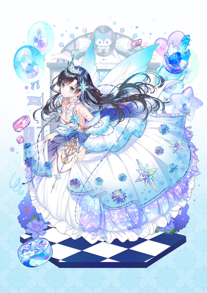 1girl balloon bare_shoulders black_hair blue_background blue_eyes blue_flower blue_hair blue_wings breasts checkered_floor cleavage closed_mouth commentary_request crystal dress floating_hair flower frilled_dress frills gradient_background highres long_hair looking_at_viewer medium_breasts multicolored_hair original rednian solo strapless strapless_dress tiara two-tone_hair very_long_hair white_background white_dress white_wings wings