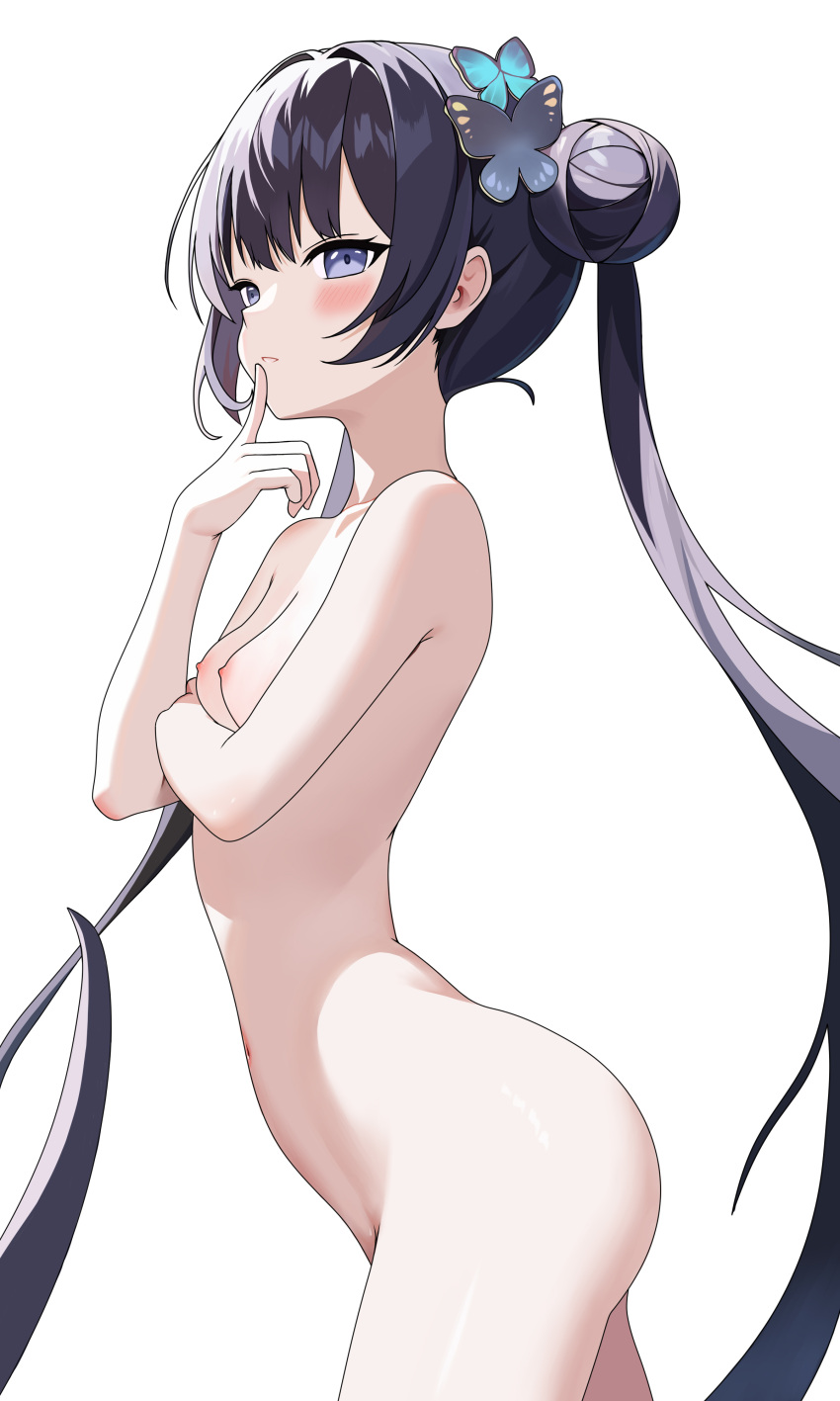 1girl absurdres blue_archive blue_butterfly blush braid braided_bun breasts bug butterfly butterfly_hair_ornament completely_nude double_bun grey_halo hair_bun hair_ornament halo highres kisaki_(blue_archive) long_hair looking_at_viewer navel nude sex shibanme_tekikumo small_breasts solo_focus twintails