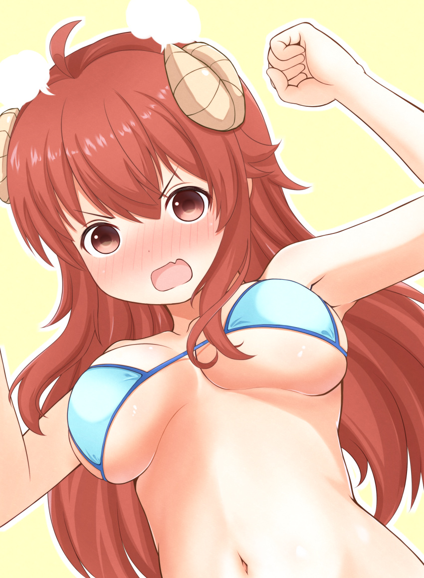 absurdres ahoge angry bikini blue_bikini blush breasts breasts_apart brown_eyes brown_hair clenched_hand collarbone commentary curled_horns curvy demon_girl demon_horns fang from_below full-face_blush hair_between_eyes hair_spread_out hands_up head_steam highres horns large_breasts long_hair looking_at_viewer machikado_mazoku midriff navel open_mouth shiny_skin sidelocks skindentation sonao swimsuit underboob upper_body v-shaped_eyebrows very_long_hair wavy_hair yoshida_yuuko_(machikado_mazoku)