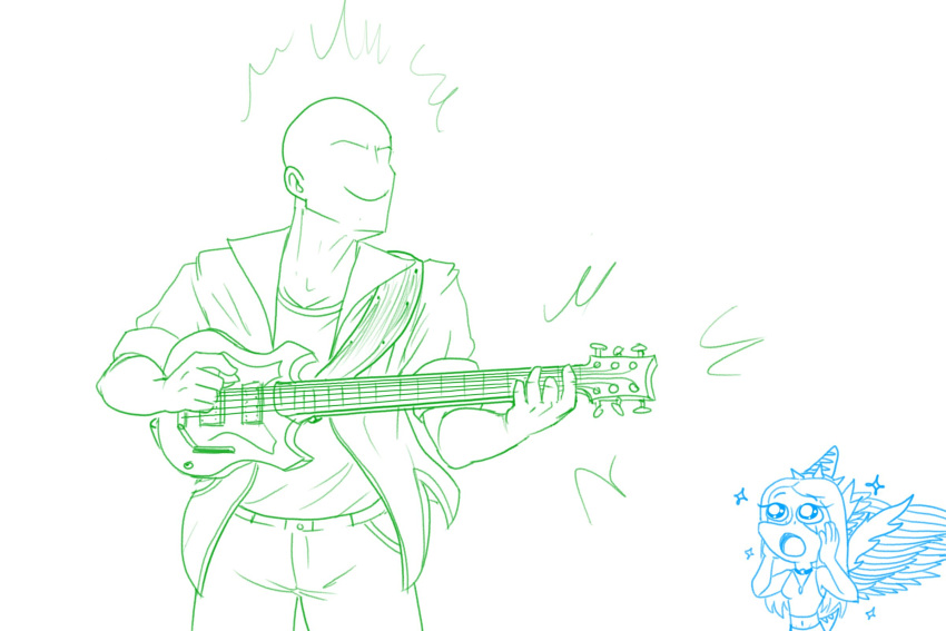 3:2 anon_(snoot_game) anthro bald blue_and_white bottomwear breasts clothed clothing duo electric_guitar faceless_character faceless_human faceless_male fang_(gvh) feathered_wings feathers female goodbye_volcano_high green_and_white guitar hand_on_face hand_on_own_face hi_res holding_guitar human human_focus line_art male mammal monochrome musical_instrument pants plucked_string_instrument protonmono pterodactylus pterosaur reptile scalie shirt simple_background smile snoot_game solo_focus sparkles sparkling_eyes string_instrument topwear wings