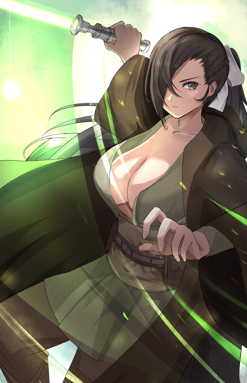 1girl absurdres alternate_costume bow breasts brown_eyes brown_hair cleavage collarbone commentary_request commission energy_sword fire_emblem fire_emblem_fates green_lightsaber hair_bow hair_over_one_eye highres holding holding_lightsaber holding_weapon kagero_(fire_emblem) large_breasts lightsaber long_hair long_sleeves looking_at_viewer partial_commentary peli_cantaro ponytail skeb_commission solo star_wars sword weapon