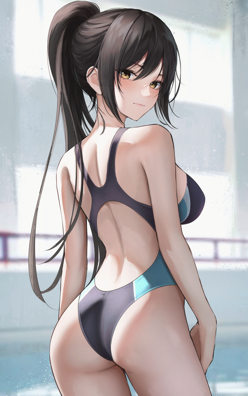 1girl arched_back ass back back_cutout bare_arms bare_shoulders black_hair black_one-piece_swimsuit blurry breasts clothing_cutout competition_swimsuit cowboy_shot depth_of_field from_behind high_ponytail highleg highleg_swimsuit highres idolmaster idolmaster_shiny_colors large_breasts long_hair looking_at_viewer looking_back marinesnow one-piece_swimsuit ponytail racerback shirase_sakuya solo standing swimsuit yellow_eyes