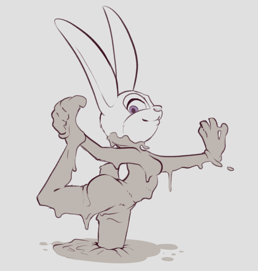 anthro blazera disney ears_up female grey_background judy_hopps lagomorph leporid line_art looking_at_viewer mammal mud nude rabbit simple_background solo stretching zootopia