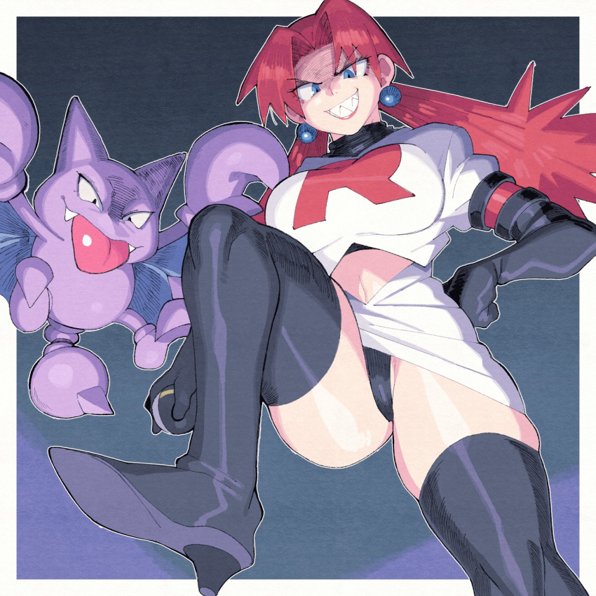 1girl black_gloves black_panties blue_eyes boots earrings elbow_gloves evil_grin evil_smile from_below gligar gloves grin hair_intakes high_heel_boots high_heels highres inkerton-kun jewelry panties pantyshot pokemon pokemon_(game) pokemon_gsc red_hair sharp_teeth smile team_rocket_grunt teeth thigh_boots underwear