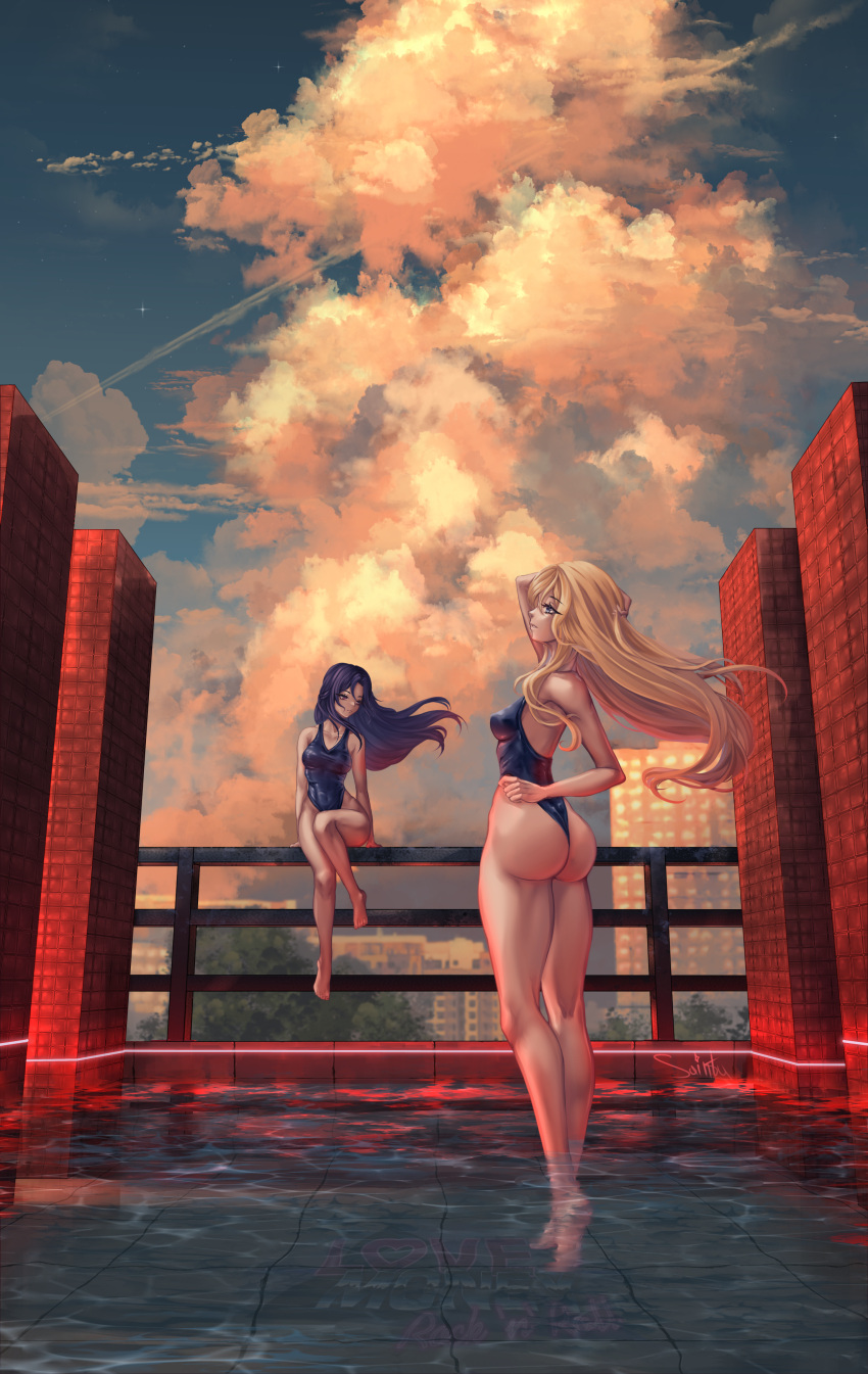 absurdres ass barefoot bikini blonde_hair breasts cloud competition_swimsuit full_body highres legs love_money_rock'n'roll one-piece_swimsuit sainty scenery self-upload sky swimsuit thighs