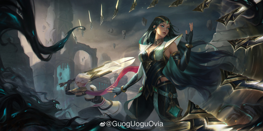 2girls absurdres artist_name blue_eyes bracelet breasts chinese_commentary cleavage cloud cloudy_sky earrings fighting fog green_hair guoguoguovia highres holding holding_sword holding_weapon incoming_attack irelia jewelry league_of_legends long_hair looking_ahead looking_to_the_side multiple_girls multiple_swords official_alternate_costume official_alternate_hairstyle outdoors red_eyes riven_(league_of_legends) rock ruins sentinel_irelia sentinel_riven signature sky standing sword weapon white_hair