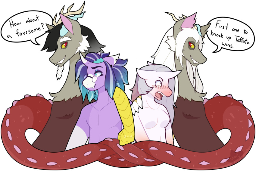 alpha_channel anthro chimera dialogue discord_(mlp) draconequus equid equine female friendship_is_magic group hasbro horn male mammal my_little_pony shortbred unicorn