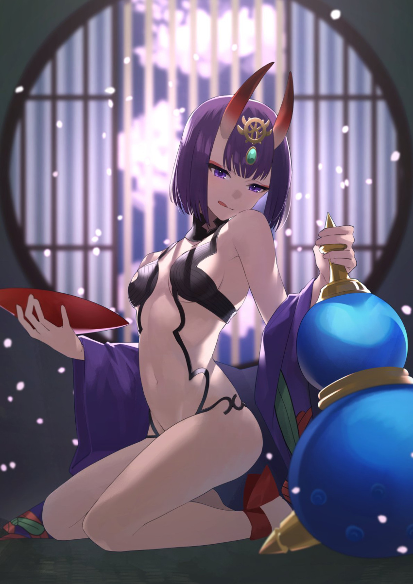 1girl ankle_ribbon ao_tsukushi bare_shoulders bob_cut breasts collarbone cup eyeliner fate/grand_order fate_(series) gourd headpiece highres horns japanese_clothes kimono kneeling leg_ribbon long_sleeves looking_at_viewer makeup navel off_shoulder oni oni_horns purple_eyes purple_hair purple_kimono red_ribbon revealing_clothes ribbon sakazuki short_hair shuten_douji_(fate) skin-covered_horns small_breasts smile solo thighs tongue tongue_out wide_sleeves