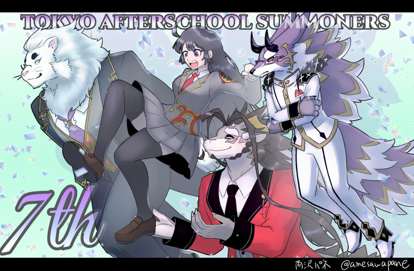 amesawapane anthro bael_(tas) black_hair bottomwear clothing demon dragon english_text eyewear felid female female_protagonist_(tas) fuxi_(tas) group hair hi_res horn human lifewonders lion male mammal monocle necktie pantherine school_uniform skirt snow_(tas) suit text tokyo_afterschool_summoners uniform