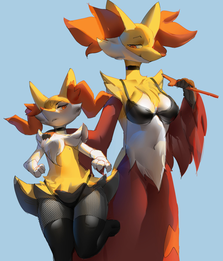 absurd_res anthro austinarts4 braixen breasts chest_tuft choker clothing delphox duo featureless_chest female fishnet_leggings flat_chested fur generation_6_pokemon hi_res inner_ear_fluff jewelry legwear lingerie multicolored_body multicolored_fur necklace nintendo pokemon pokemon_(species) red_body red_fur size_difference stick stockings thick_thighs thigh_highs thong tuft underwear yellow_body yellow_fur