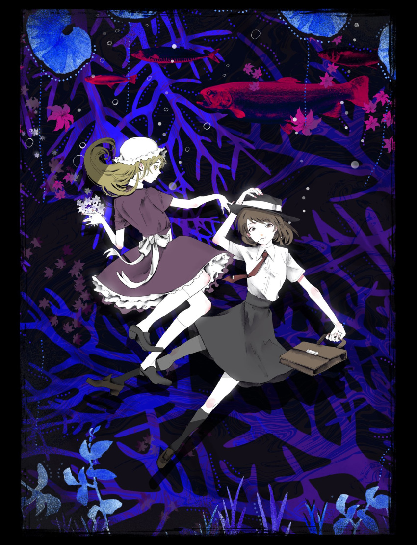 2girls abstract_background back_bow black_border black_footwear black_headwear black_skirt black_socks blonde_hair border bow briefcase brown_footwear brown_hair bubble collared_shirt commentary coral dress english_commentary fish flower frilled_dress frilled_hat frills from_side full_body grass hair_lift hand_on_headwear hat highres holding holding_briefcase kneehighs lily_pad loafers long_hair looking_at_viewer maribel_hearn miniskirt mob_cap multiple_girls necktie no_capelet outstretched_arm pink_flower plant purple_dress ranko_no_ane red_necktie school_briefcase shirt shoes short_dress short_hair short_sleeves skirt socks touhou usami_renko white_bow white_flower white_headwear white_shirt white_socks