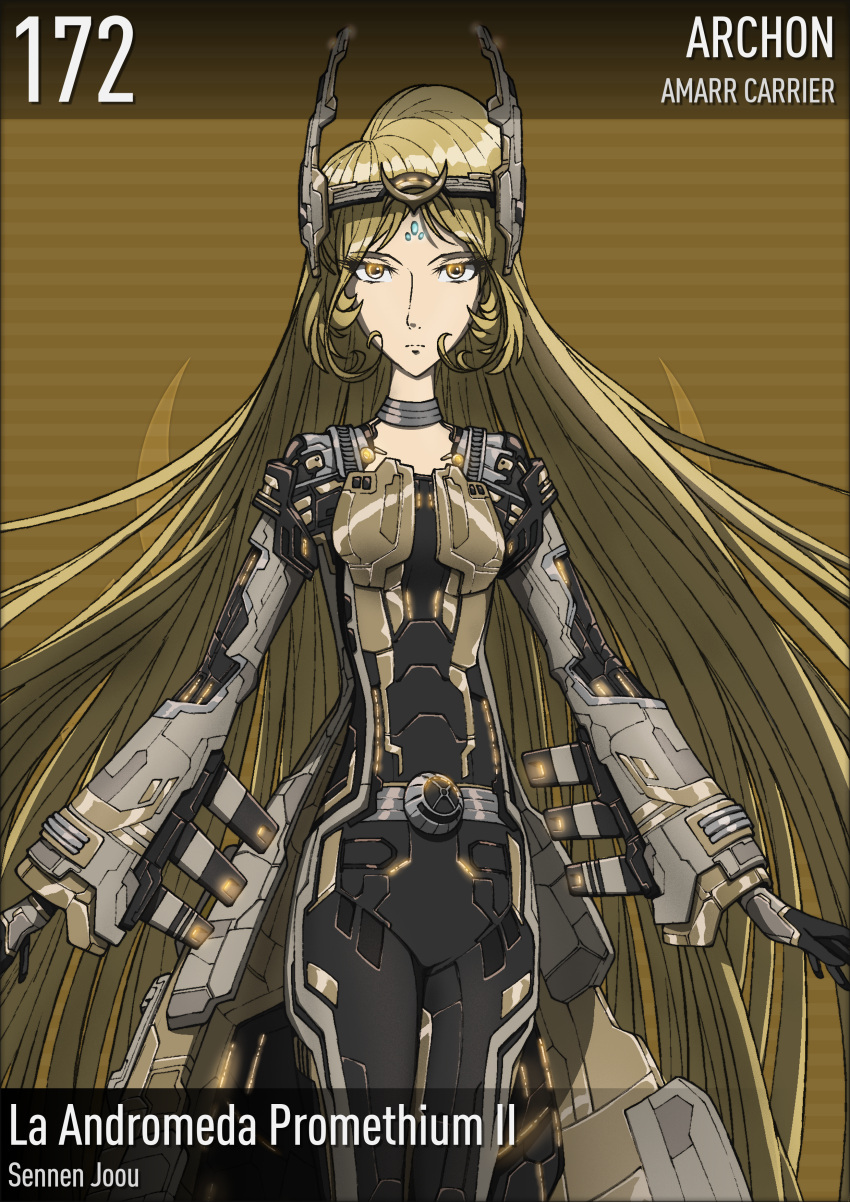 1girl absurdres alien blonde_hair crossover crown eve_online evemoedesu expressionless gloves headgear highres light machinery mecha mecha_musume original power_armor power_suit queen queen_millennia redesign robot science_fiction shin_taketori_monogatari_sennen_joou title upper_body yellow_eyes yukino_yayoi