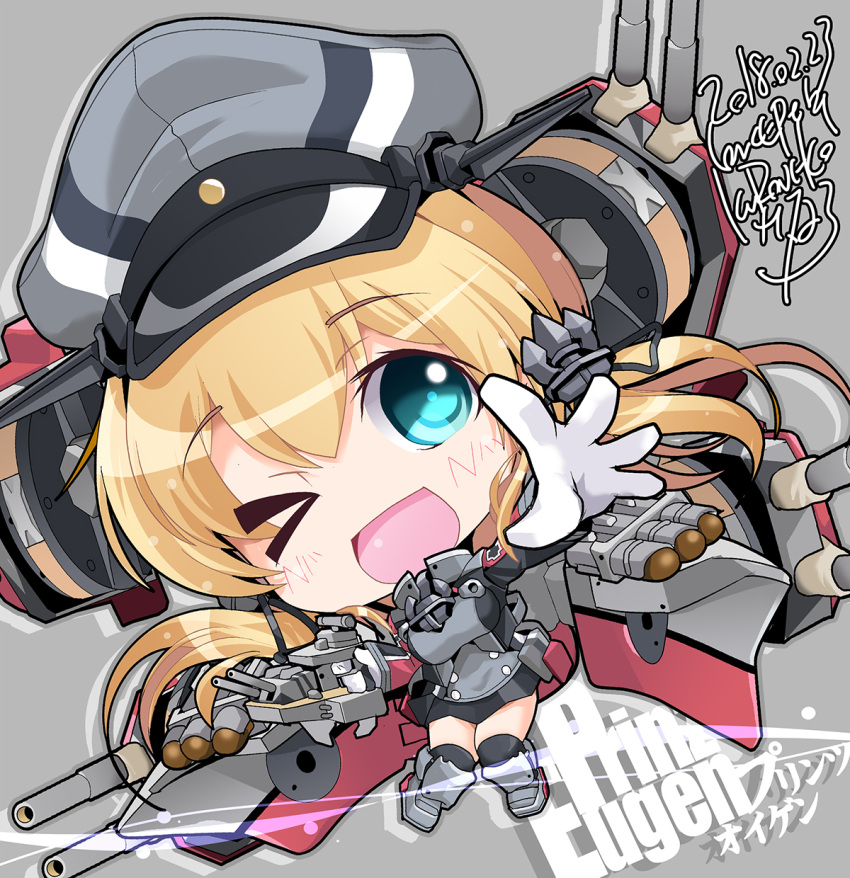 1girl anchor_hair_ornament aqua_eyes black_skirt black_thighhighs blonde_hair cannon character_name chibi gloves hair_ornament hat highres kantai_collection kuroneko_(kuroneko_works) long_hair long_sleeves low_twintails microskirt military military_hat military_uniform one_eye_closed open_mouth peaked_cap pleated_skirt prinz_eugen_(kancolle) skirt solo thighhighs torpedo turret twintails uniform white_gloves