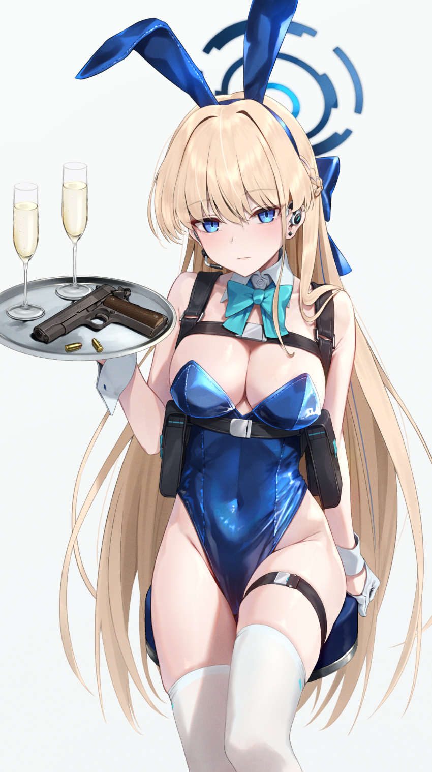 1girl animal_ears blonde_hair blue_archive breasts champagne_flute cleavage commentary_request cup drinking_glass fake_animal_ears greenkohgen highres holding large_breasts long_hair official_alternate_costume rabbit_ears solo standing thighhighs toki_(blue_archive) toki_(bunny)_(blue_archive) white_thighhighs