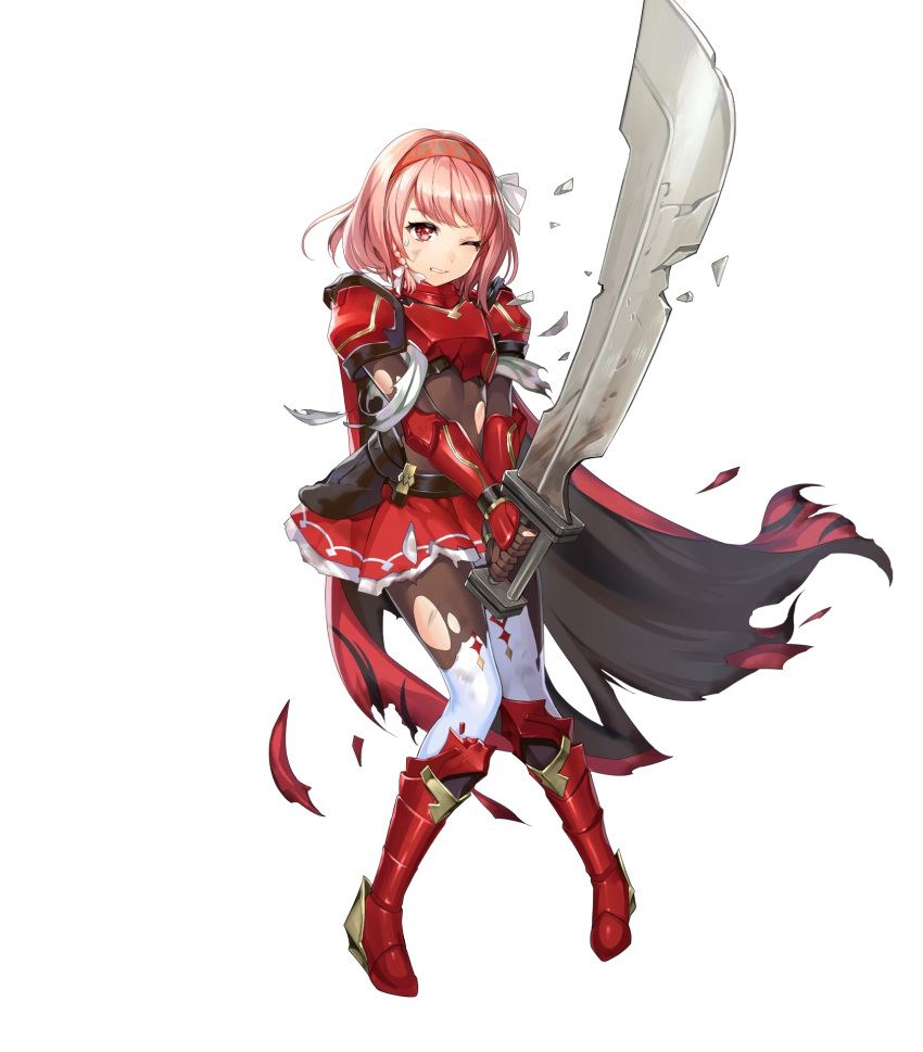 1girl armor breastplate broken broken_armor broken_sword broken_weapon cape chachie clenched_teeth fire_emblem fire_emblem_engage fire_emblem_heroes gauntlets hair_ornament hairband highres lapis_(fire_emblem) loincloth non-web_source official_art one_eye_closed pantyhose parted_lips pink_hair red_armor red_cape red_eyes short_hair shoulder_armor skirt solo sweat sweatdrop sword teeth thighhighs torn_cape torn_clothes torn_pantyhose torn_skirt transparent_background weapon