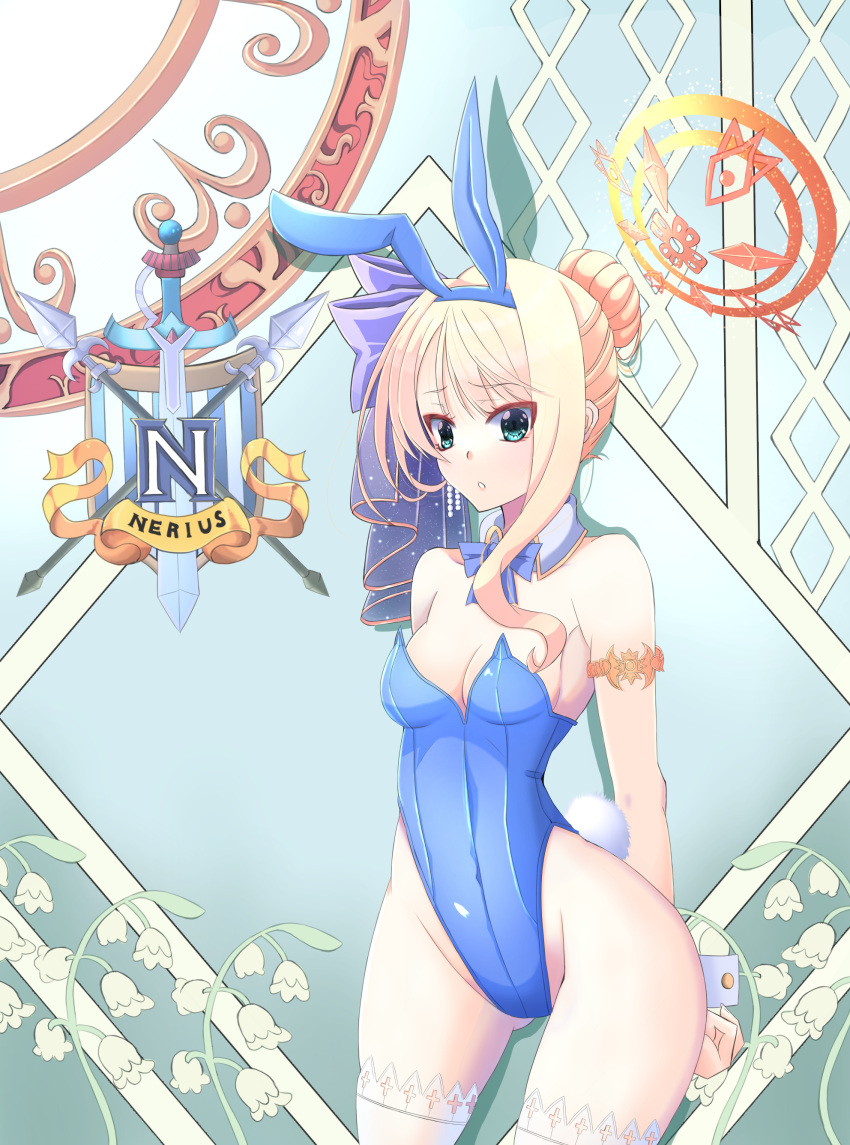 1girl absurdres alternate_costume animal_ears arms_behind_back blonde_hair blue_bow blue_bowtie blue_eyes blue_hairband blue_leotard blush bow bowtie breasts character_name cleavage commentary_request contrapposto covered_navel cowboy_shot crest detached_collar fake_animal_ears fake_tail flower furrowed_brow hair_bow hair_bun hairband halo highres leotard lily_of_the_valley long_hair looking_at_viewer medium_bangs nagifujisawa open_mouth playboy_bunny polearm purple_bow rabbit_ears rabbit_tail ragnarok_online shadow single_hair_bun single_sidelock small_breasts solo spear spica_nerius strapless strapless_leotard sword tail thighhighs weapon white_flower white_thighhighs wrist_cuffs