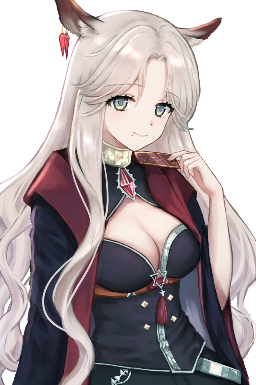 1girl absurdres animal_ear_fluff animal_ears arknights black_jacket black_shirt black_skirt breasts card cleavage closed_mouth commentary_request ear_piercing gitano_(arknights) grey_eyes grey_hair highres holding holding_card jacket long_hair long_sleeves looking_at_viewer medium_breasts mole mole_under_mouth open_clothes open_jacket owanwan_1205 parted_bangs piercing shirt simple_background skirt smile solo very_long_hair white_background wide_sleeves