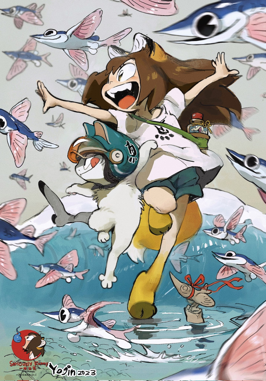 1girl animal_ears artist_name bottle brown_hair child corrupted_twitter_file fangs fish flying_fish furry furry_female helmet highres jumping motorcycle_helmet open_mouth original ribbon sharkitty_(yogin) shirt shorts statue tail tongue tongue_out water waves white_shirt xiao_man_(yogin) yogin