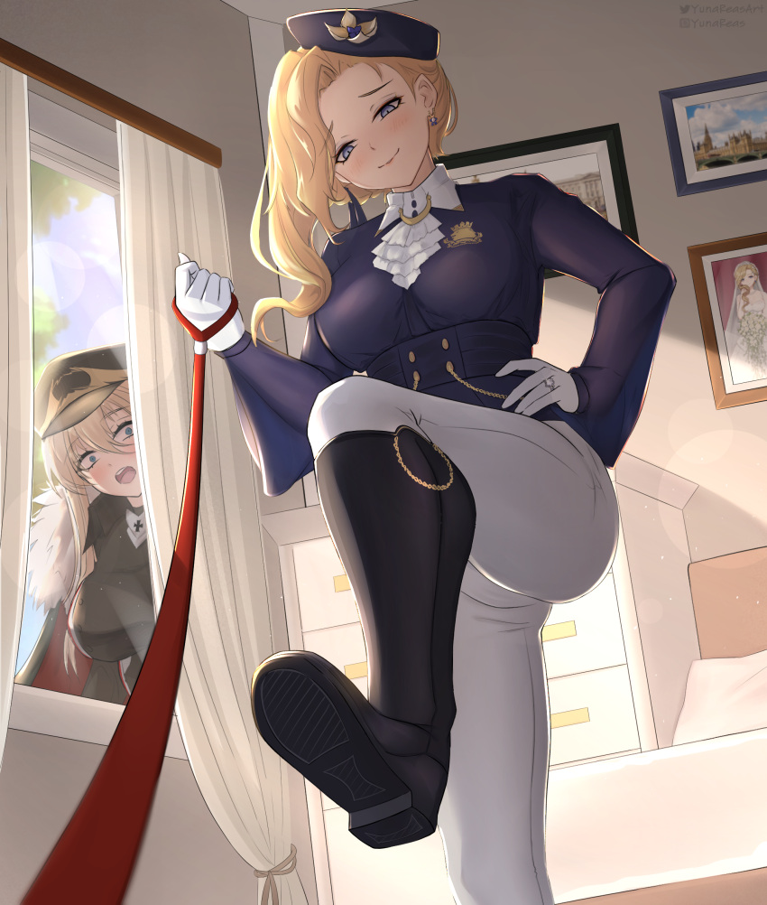 2girls absurdres ascot azur_lane bed bedroom bismarck_(azur_lane) bismarck_zwei_(azur_lane) black_cape black_footwear blonde_hair blue_eyes blue_headwear blush boots breasts cape commission cross curtains earrings femdom flower frilled_ascot frills from_below gloves hat hat_flower highres holding holding_leash hood_(azur_lane) hood_(gentlewoman_and_stallion)_(azur_lane) hood_(rosey_love_poem)_(azur_lane) indoors iron_cross jacket jewelry knee_boots large_breasts leash long_hair long_sleeves military_hat military_uniform multiple_girls official_alternate_costume pants pants_tucked_in peaked_cap peeking portrait pov riding_boots riding_outfit ring royal_navy_emblem_(azur_lane) shirt shoe_soles smirk surprised tilted_headwear uniform upper_body viewer_on_leash wedding_ring white_ascot white_gloves white_horse white_pants white_shirt window yunareas