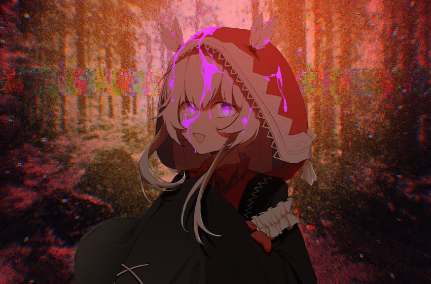1girl black_dress dress feathers forest glowing glowing_eyes grey_hair grey_theme highres hood hoodie nature no.21:_xxi_(red_hoodie)_(punishing:_gray_raven) no.21_(punishing:_gray_raven) open_mouth punishing:_gray_raven purple_eyes purple_liquid red_hoodie scrunchie short_hair_with_long_locks sidelocks sleeves_past_fingers sleeves_past_wrists solo tree white_scrunchie zhou_huan_(dgpe2833)