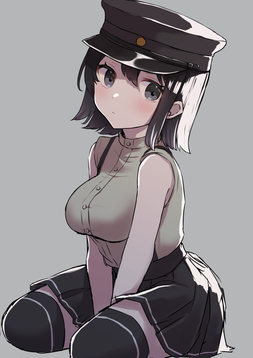 1girl akitsu_maru_(kancolle) black_eyes black_hair black_headwear black_skirt black_thighhighs breasts collared_shirt commentary_request dress_shirt grey_background hat highres kantai_collection large_breasts looking_at_viewer military_hat military_uniform pale_skin peaked_cap shirasumato shirt short_hair sitting skirt solo suspender_skirt suspenders thighhighs uniform v_arms wariza white_shirt