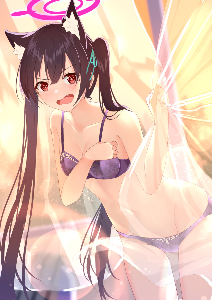 1girl @_@ animal_ears backlighting bare_arms black_hair blue_archive blue_ribbon blurry blurry_background blush bra breasts cat_ears cleavage collarbone commentary_request covering covering_breasts cowboy_shot curtain_grab curtains dutch_angle embarrassed eyelashes eyes_visible_through_hair fang groin hair_between_eyes hair_ribbon halo hand_up highres indoors lens_flare long_hair looking_at_viewer myria_(7855) navel open_mouth panties pink_halo purple_bra purple_panties red_eyes ribbon serika_(blue_archive) small_breasts solo standing stomach tears twintails underwear v-shaped_eyebrows very_long_hair wavy_mouth