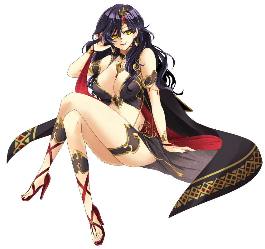 1girl absurdres arizigoku0627 bare_shoulders black_dress black_hair bracelet breasts cape cleavage collarbone commission cosplay dancer dress earrings fingernails fire_emblem fire_emblem:_the_blazing_blade fire_emblem_heroes full_body gladiator_sandals gold_trim hair_lift hair_ornament high_heels highres jewelry large_breasts lipstick long_hair looking_at_viewer makeup mature_female medallion pixiv_commission plunging_neckline red_nails sandals sleeveless smile solo sonia_(fire_emblem) thighs toeless_footwear ursula_(fire_emblem) ursula_(fire_emblem)_(cosplay) ursula_(khadein)_(fire_emblem) ursula_(khadein)_(fire_emblem)_(cosplay) white_background yellow_eyes
