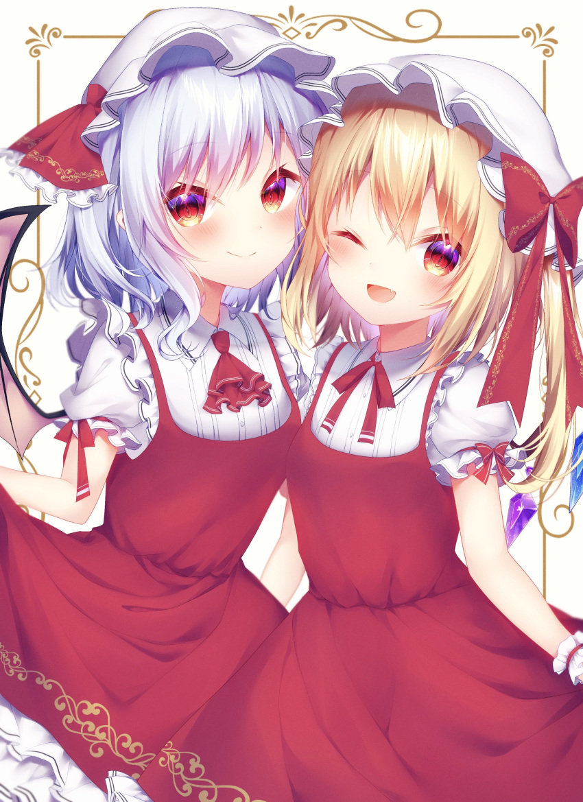 2girls ;d absurdres ascot bat_wings blonde_hair blue_hair blush bow collared_shirt cosplay cowboy_shot crystal dress fang flandre_scarlet flandre_scarlet_(cosplay) frilled_shirt_collar frills hat hat_bow hat_ribbon highres koharu_hiyorii looking_at_viewer matching_outfit medium_hair mob_cap multiple_girls neckerchief one_eye_closed open_mouth puffy_short_sleeves puffy_sleeves red_ascot red_bow red_dress red_eyes red_neckerchief red_ribbon remilia_scarlet ribbon shirt short_sleeves siblings side_ponytail sisters smile tongue touhou white_headwear white_shirt wings