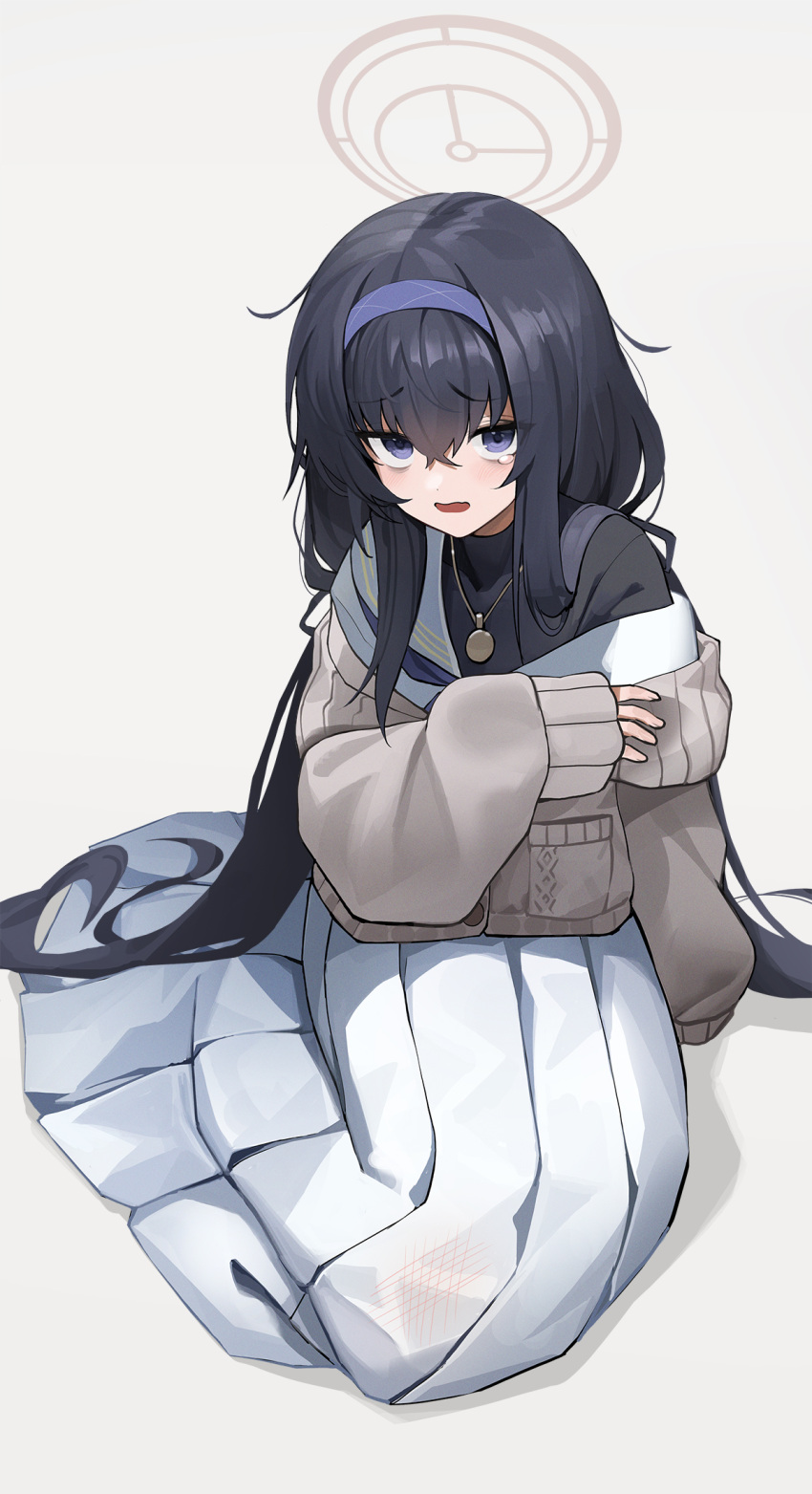 1girl :o black_eyes black_hair blue_archive commentary_request eyes_visible_through_hair hair_between_eyes hairband halo highres hutosutoro jewelry long_hair long_sleeves looking_at_viewer low_twintails necklace pendant pleated_skirt pocket ribbed_sweater school_uniform serafuku sidelocks simple_background sitting skirt solo sweater tearing_up turtleneck turtleneck_sweater twintails ui_(blue_archive) wariza white_background