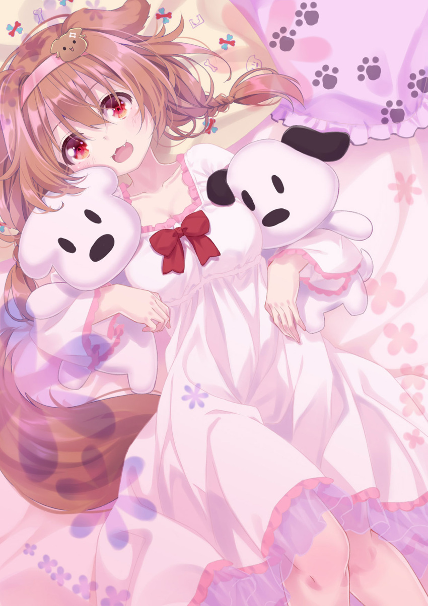 1girl 54hao :d animal_ears bed_sheet bow breasts brown_hair cleavage collarbone commentary dog_ears dog_girl dog_hair_ornament dog_tail dress fangs frilled_dress frilled_pillow frills futo-inu hair_ornament hairband highres hololive hoso-inu inugami_korone long_hair long_sleeves looking_at_viewer low_twintails medium_breasts object_hug pillow pink_hairband red_bow smile solo stuffed_animal stuffed_dog stuffed_toy tail twintails virtual_youtuber white_dress wide_sleeves