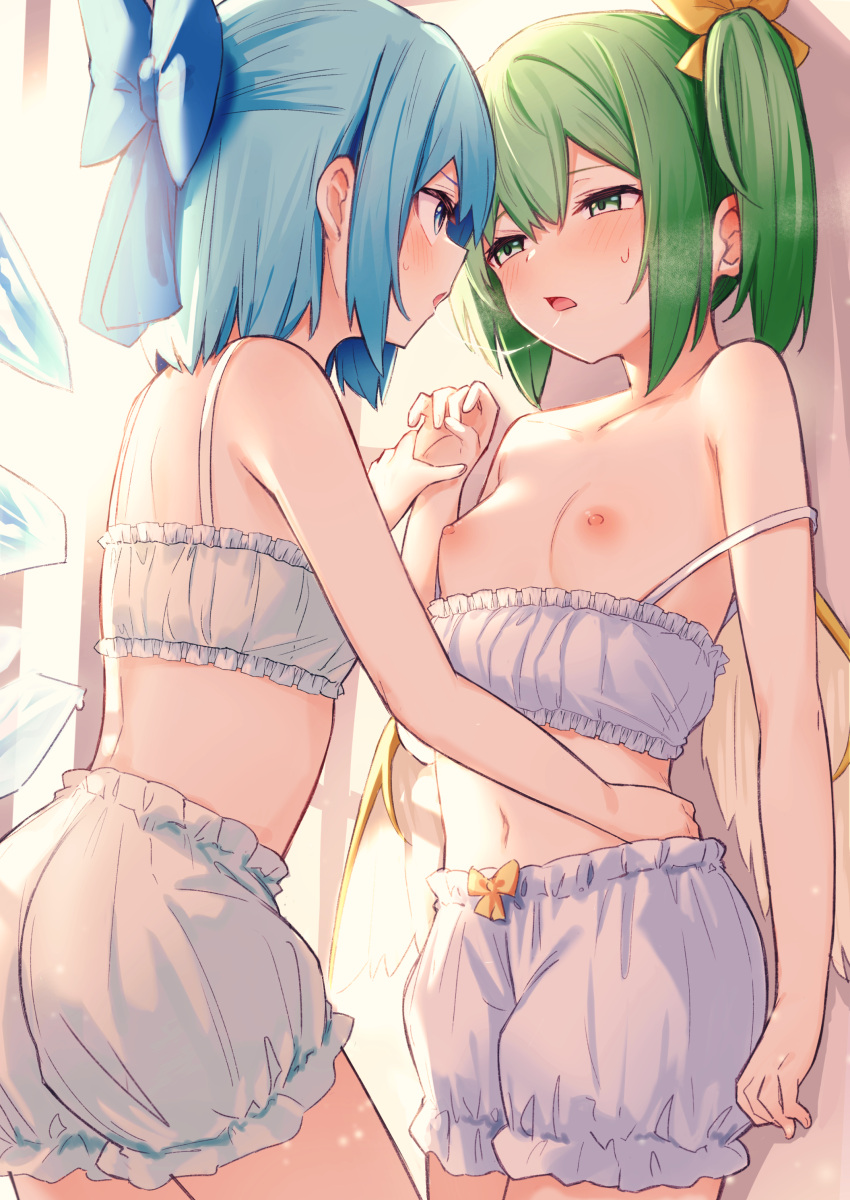 2girls absurdres after_kiss arm_around_waist arm_at_side aroused bare_arms blue_bow blue_eyes blue_hair blush borushichi bow bra bra_pull breasts breath cirno clothes_pull collarbone commission cowboy_shot daiyousei eye_contact eyelashes fairy_wings frilled_bra frills green_eyes green_hair hair_bow half-closed_eyes half_updo highres holding_hands ice ice_wings indoors kabedon looking_at_another multiple_girls navel nipples off_shoulder open_mouth profile saliva saliva_trail second-party_source short_hair side_ponytail sidelighting skeb_commission small_breasts standing sweatdrop touhou underwear underwear_only white_bra wings yellow_bow yuri