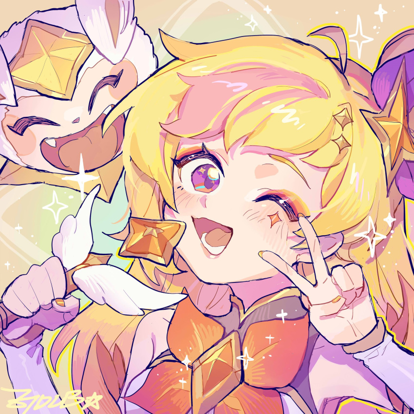 1girl blonde_hair fingernails hair_between_eyes highres league_of_legends long_hair looking_at_viewer nail_polish official_alternate_costume official_alternate_hairstyle one_eye_closed open_mouth pink_eyes seraphine_(league_of_legends) smile solo star_guardian_(league_of_legends) star_guardian_pet star_guardian_seraphine upper_body v yellow_nails ztdlb