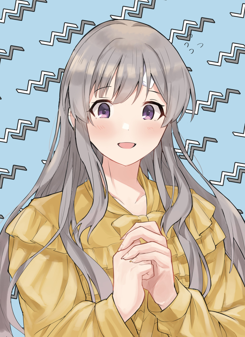 1girl :d absurdres bandaid blush embarrassed flying_sweatdrops frilled_shirt frills hair_down hanetsuka highres idolmaster idolmaster_shiny_colors light_blue_background long_sleeves looking_at_viewer looking_down open_mouth own_hands_clasped own_hands_together patterned_background shirt smile solo upper_body yellow_shirt yukoku_kiriko