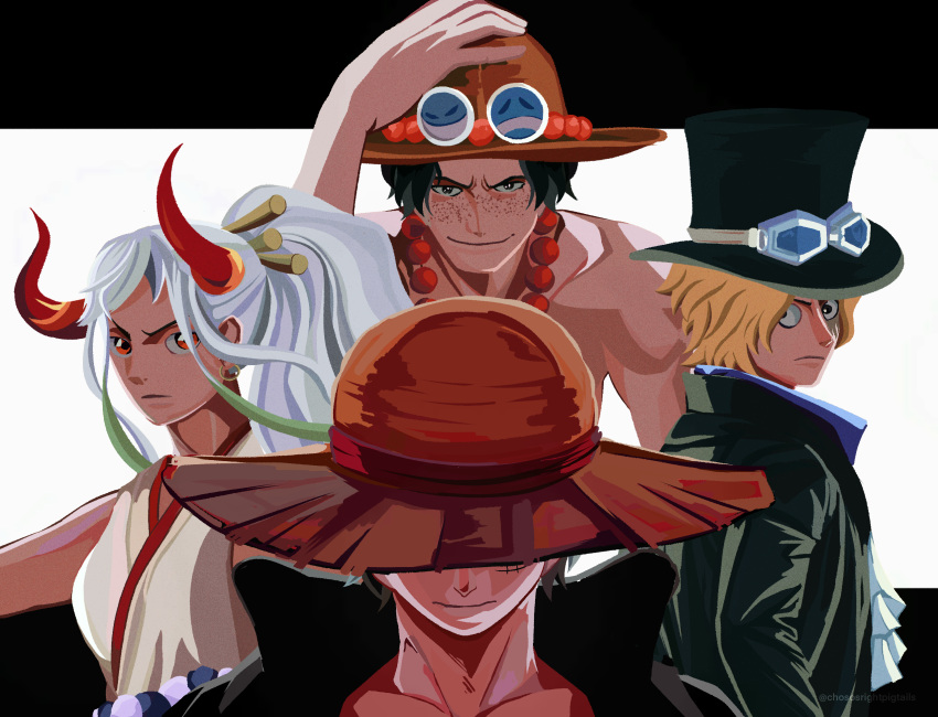 1girl 3boys bead_necklace beads black_jacket blonde_hair chosospigtails closed_mouth cowboy_hat earrings freckles goggles goggles_on_headwear hair_ornament hand_on_headwear hat hat_over_eyes highres horns jacket jewelry long_hair looking_at_viewer monkey_d._luffy multicolored_hair multiple_boys necklace one_piece oni_horns orange_headwear portgas_d._ace sabo_(one_piece) scar short_hair simple_background smile straw_hat top_hat yamato_(one_piece)