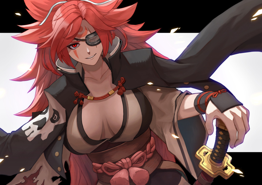 1girl absurdres amputee baiken big_hair black_jacket black_kimono breasts cleavage eyepatch facial_tattoo guilty_gear guilty_gear_strive highres jacket jacket_on_shoulders japanese_clothes kataginu katana kimono large_breasts long_hair long_sleeves looking_at_viewer multicolored_clothes multicolored_kimono one-eyed ponytail punikiman red_eyes red_hair samurai scar scar_across_eye smile solo sword tattoo torn_sleeve weapon white_kimono