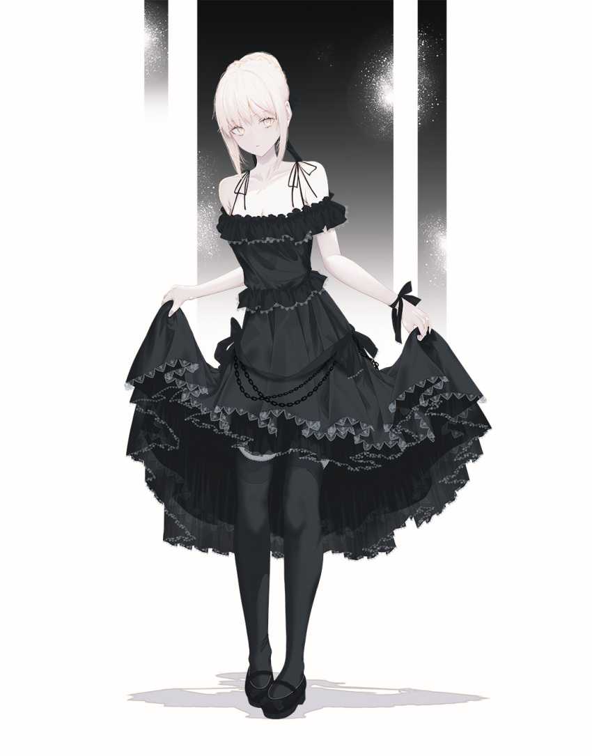 1girl alternate_costume artoria_pendragon_(fate) black_dress black_footwear black_pantyhose black_ribbon blonde_hair braid commentary dress english_commentary fate/grand_order fate/stay_night fate_(series) fov_ps french_braid frilled_dress frills hair_ribbon highres looking_at_viewer off-shoulder_dress off_shoulder pale_skin pantyhose ribbon saber_alter shadow short_hair skirt_hold sleeveless sleeveless_dress solo yellow_eyes