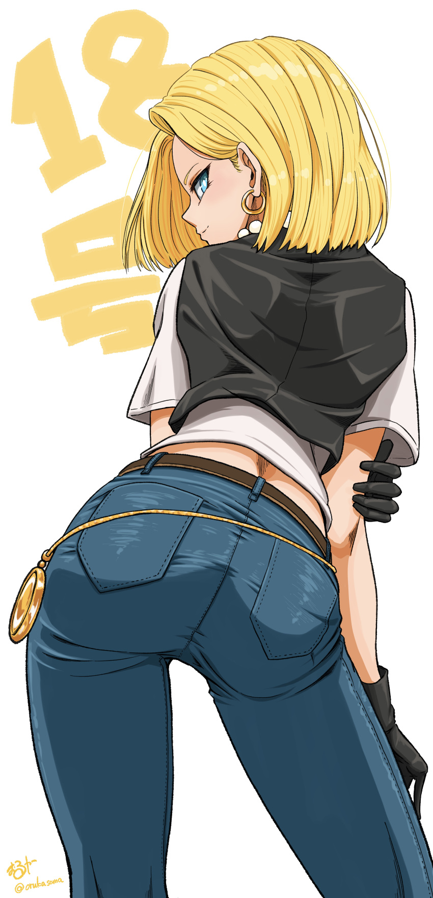 1girl absurdres android_18 black_gloves blonde_hair blue_eyes blue_pants character_name closed_mouth dragon_ball dragon_ball_z earrings from_behind gloves highres jewelry leaning_forward looking_back medium_hair pants profile shirt short_sleeves smile solo standing straight_hair white_shirt wolkat